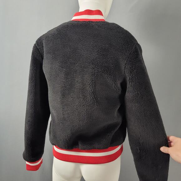 American Stitch Black Sherpa Bomber Jacket with Red Trim and Quilted Lining - Picture 3 of 7